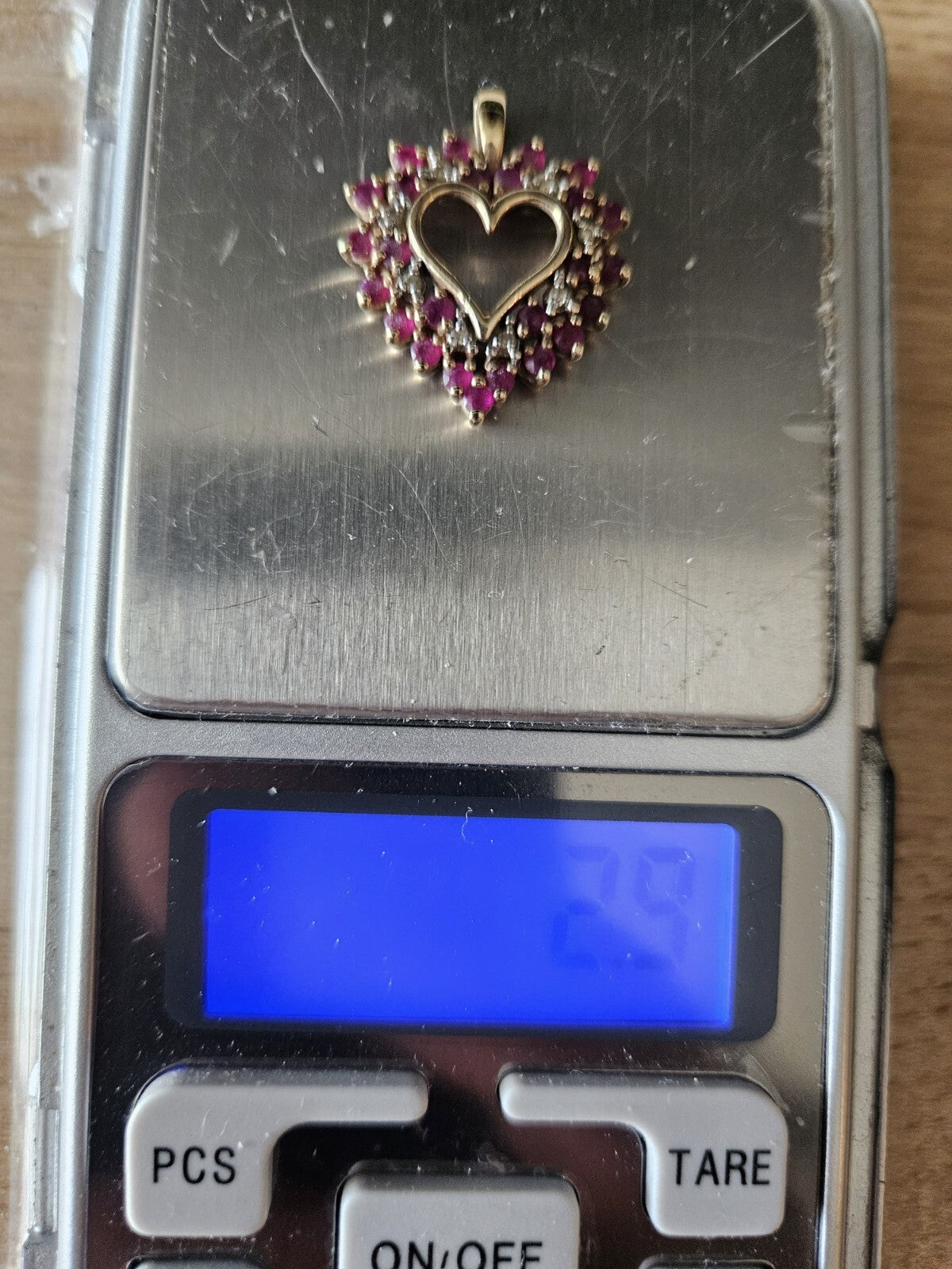 10K Solid Gold Heart Pendant with Clear Stones and Red Heart Stone 2.9 Grams