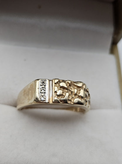 Men’s 10k Gold Nugget And Diamond Ring Size 8.75 4.6 Grams preowned