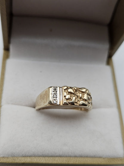 Men’s 10k Gold Nugget And Diamond Ring Size 8.75 4.6 Grams preowned
