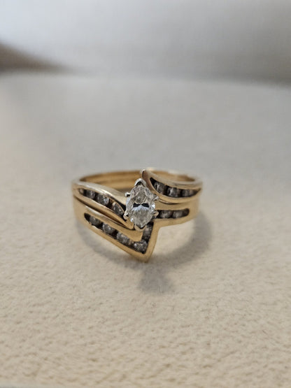 14k Yellow Gold Ring Diamond Natural Marquise Round Double Ring Size 6