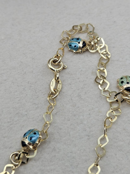 Vintage 14K Gold Enamel Ladybug Bracelet 7.4” Long