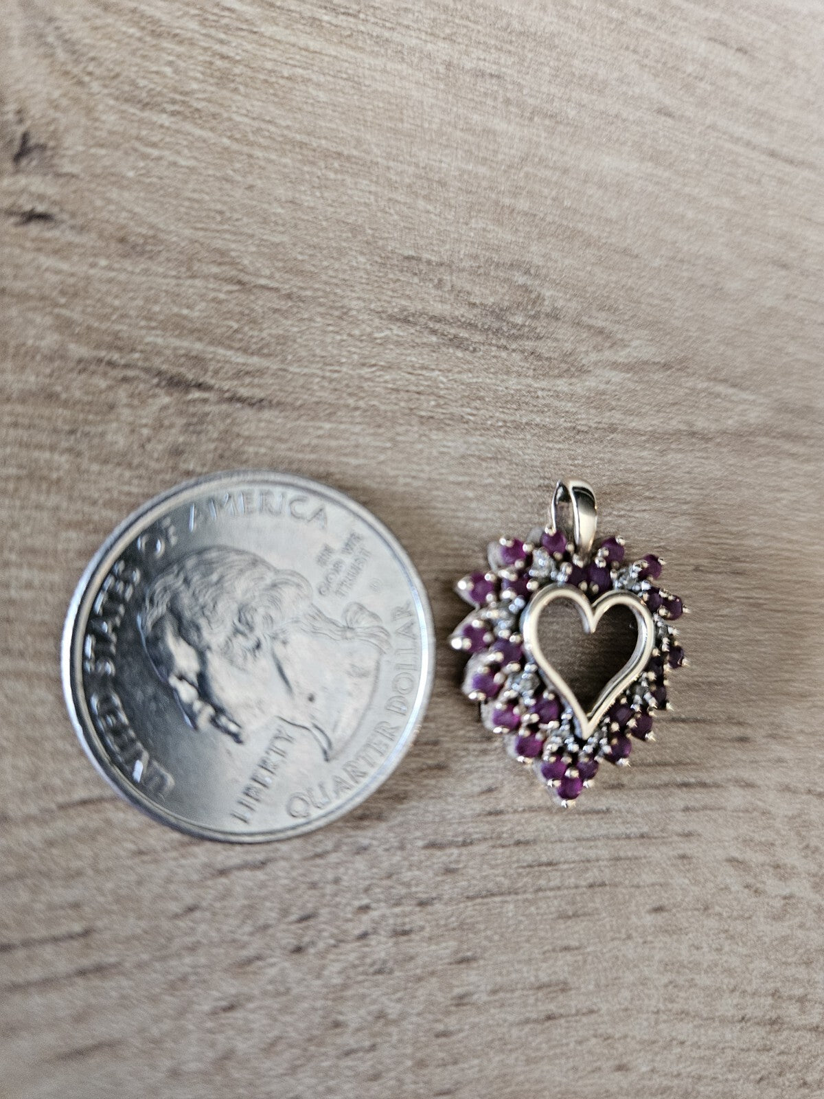 10K Solid Gold Heart Pendant with Clear Stones and Red Heart Stone 2.9 Grams