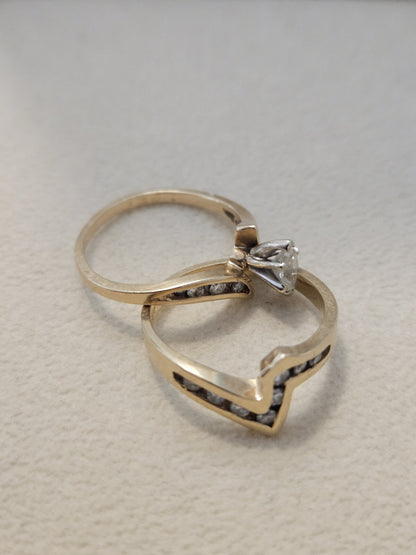 14k Yellow Gold Ring Diamond Natural Marquise Round Double Ring Size 6