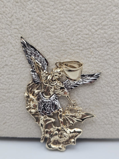 Big large solid 10k Gold saint michael miguel Pendant Charm 1.8 inches long