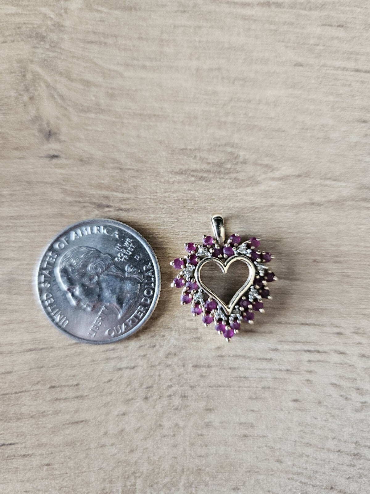 10K Solid Gold Heart Pendant with Clear Stones and Red Heart Stone 2.9 Grams