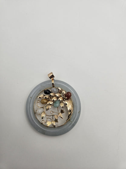 Vintage 14K Yellow Gold Jade Floral Pendant Stamped 585 Estate Sale Jewelry