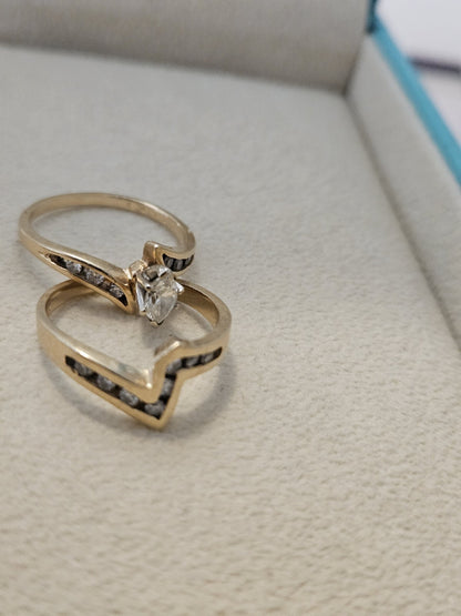 14k Yellow Gold Ring Diamond Natural Marquise Round Double Ring Size 6