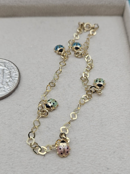 Vintage 14K Gold Enamel Ladybug Bracelet 7.4” Long