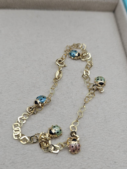Vintage 14K Gold Enamel Ladybug Bracelet 7.4” Long