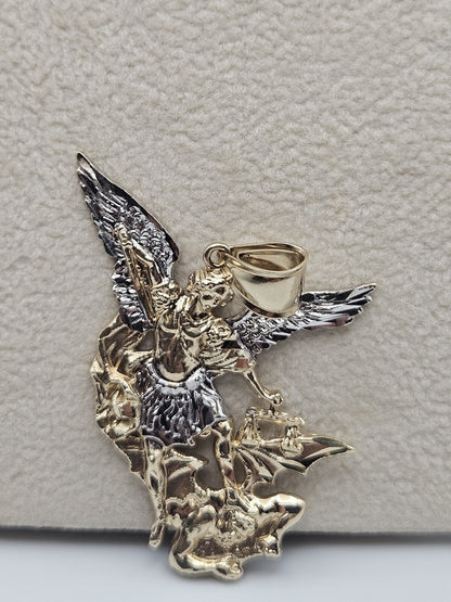 Big large solid 10k Gold saint michael miguel Pendant Charm 1.8 inches long