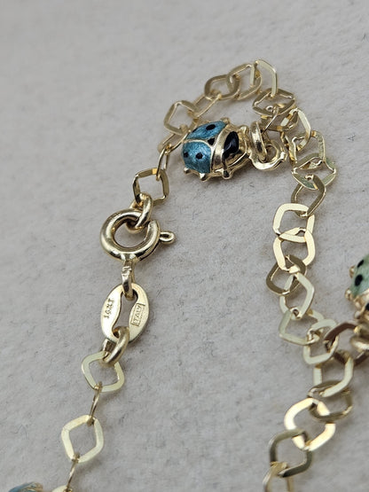 Vintage 14K Gold Enamel Ladybug Bracelet 7.4” Long