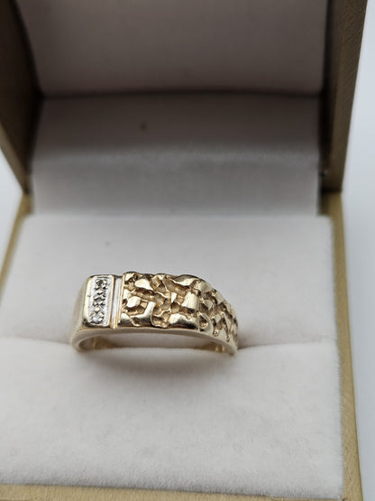 Men’s 10k Gold Nugget And Diamond Ring Size 8.75 4.6 Grams preowned