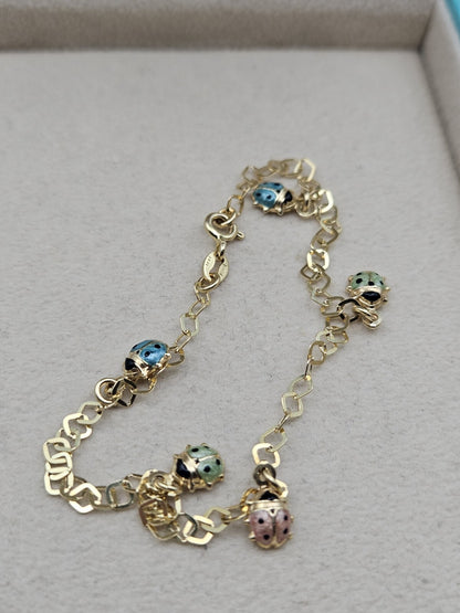 Vintage 14K Gold Enamel Ladybug Bracelet 7.4” Long