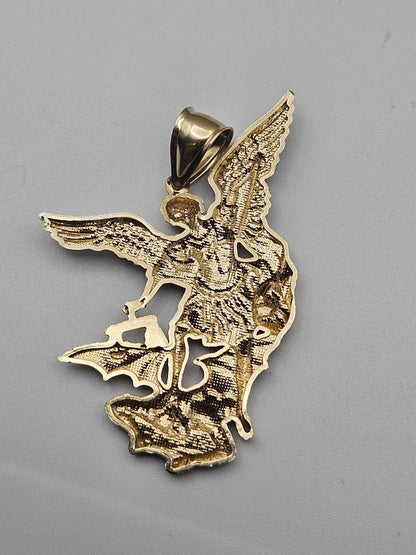 Big large solid 10k Gold saint michael miguel Pendant Charm 1.8 inches long
