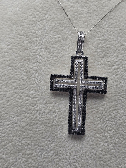 14k Gold Cross Necklace Black And White Natural Diamond Heavy 9 Gram  16.8"