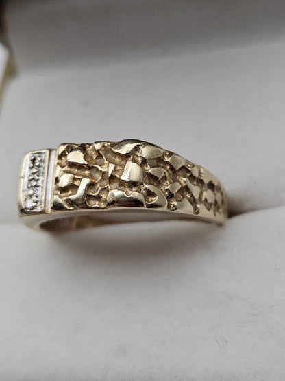 Men’s 10k Gold Nugget And Diamond Ring Size 8.75 4.6 Grams preowned