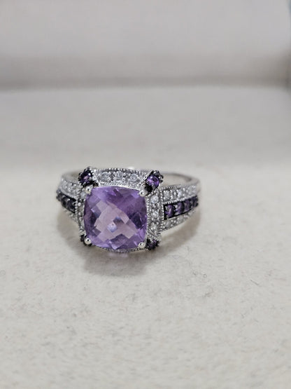Vintage Estate 14k Yellow Gold Band Ring Emerald Cut Amethyst Size 7