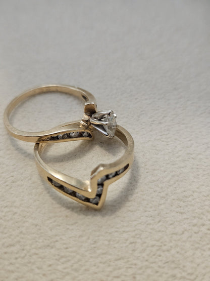 14k Yellow Gold Ring Diamond Natural Marquise Round Double Ring Size 6