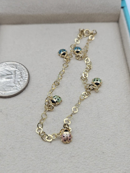 Vintage 14K Gold Enamel Ladybug Bracelet 7.4” Long