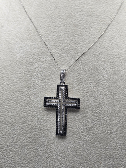 14k Gold Cross Necklace Black And White Natural Diamond Heavy 9 Gram  16.8"