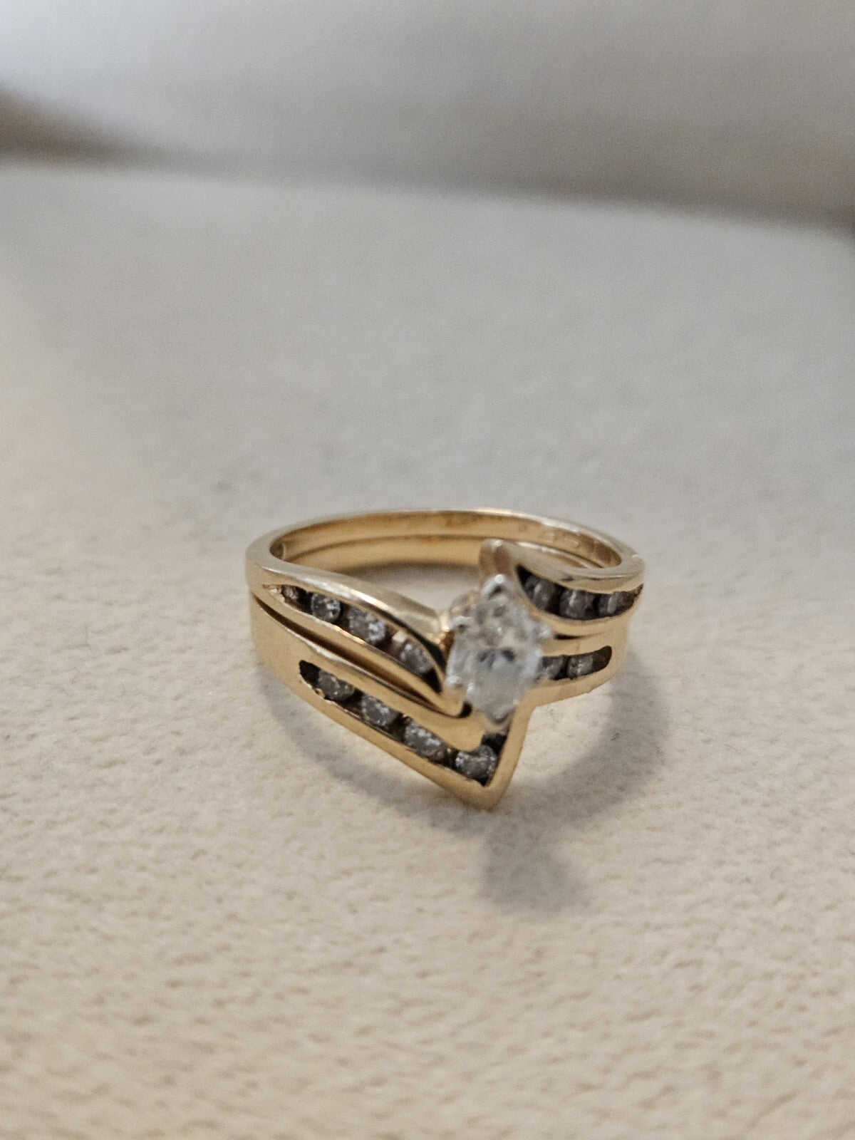 14k Yellow Gold Ring Diamond Natural Marquise Round Double Ring Size 6