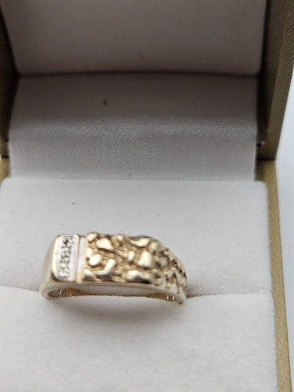Men’s 10k Gold Nugget And Diamond Ring Size 8.75 4.6 Grams preowned