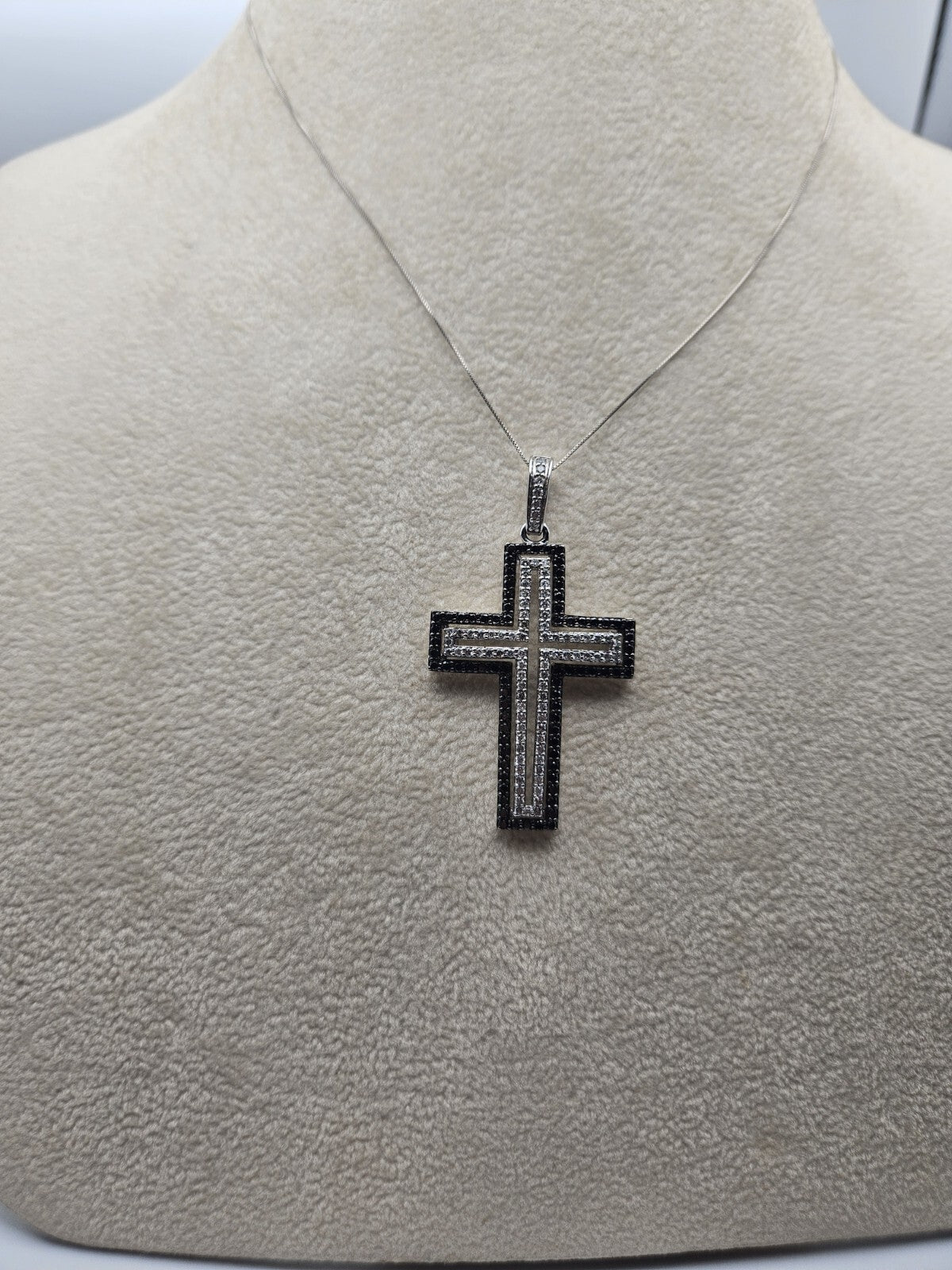 14k Gold Cross Necklace Black And White Natural Diamond Heavy 9 Gram  16.8"