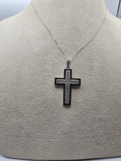 14k Gold Cross Necklace Black And White Natural Diamond Heavy 9 Gram  16.8"