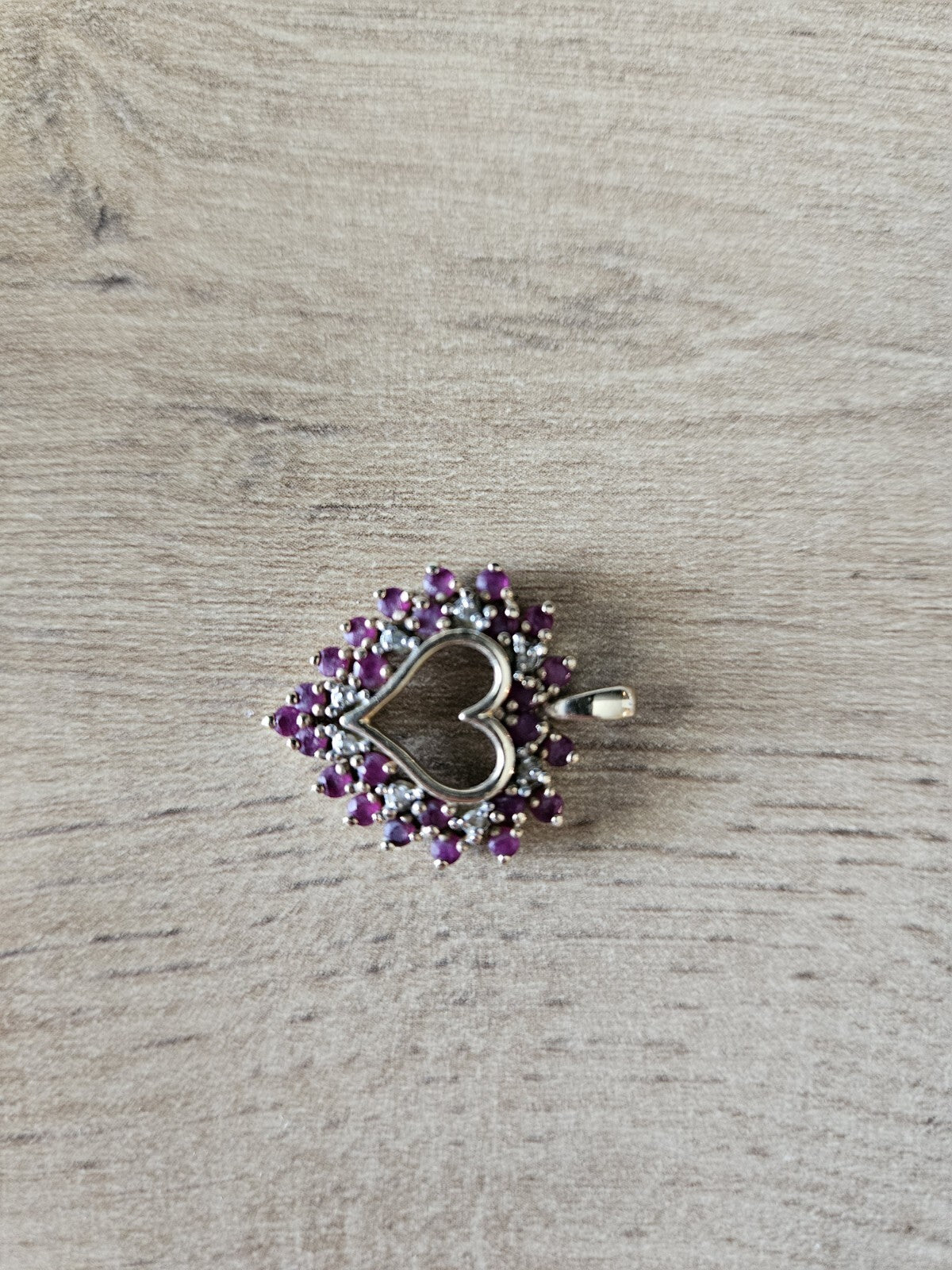 10K Solid Gold Heart Pendant with Clear Stones and Red Heart Stone 2.9 Grams