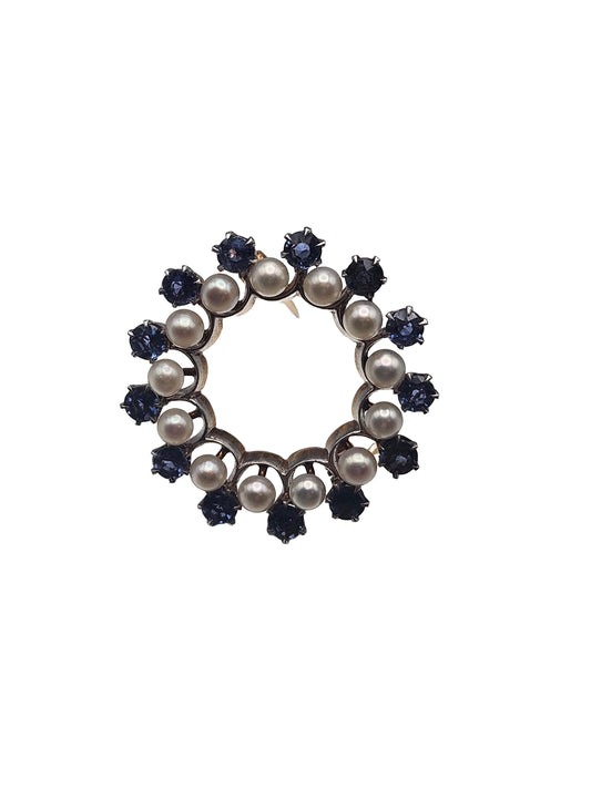 14k Gold Pin Brooch Vintage Sapphire Pearl Round Pin, Yellow Gold and White Platinum Brooch, Charm Brooch Vtg, Gift for her