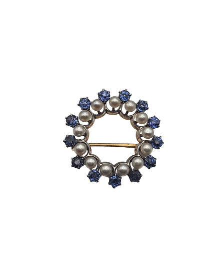 14k Gold Pin Brooch Vintage Sapphire Pearl Round Pin, Yellow Gold and White Platinum Brooch, Charm Brooch Vtg, Gift for her