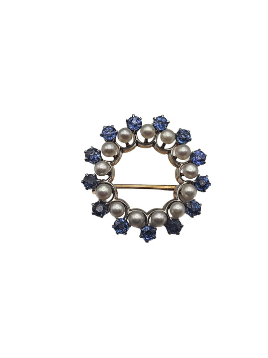 14k Gold Pin Brooch Vintage Sapphire Pearl Round Pin, Yellow Gold and White Platinum Brooch, Charm Brooch Vtg, Gift for her