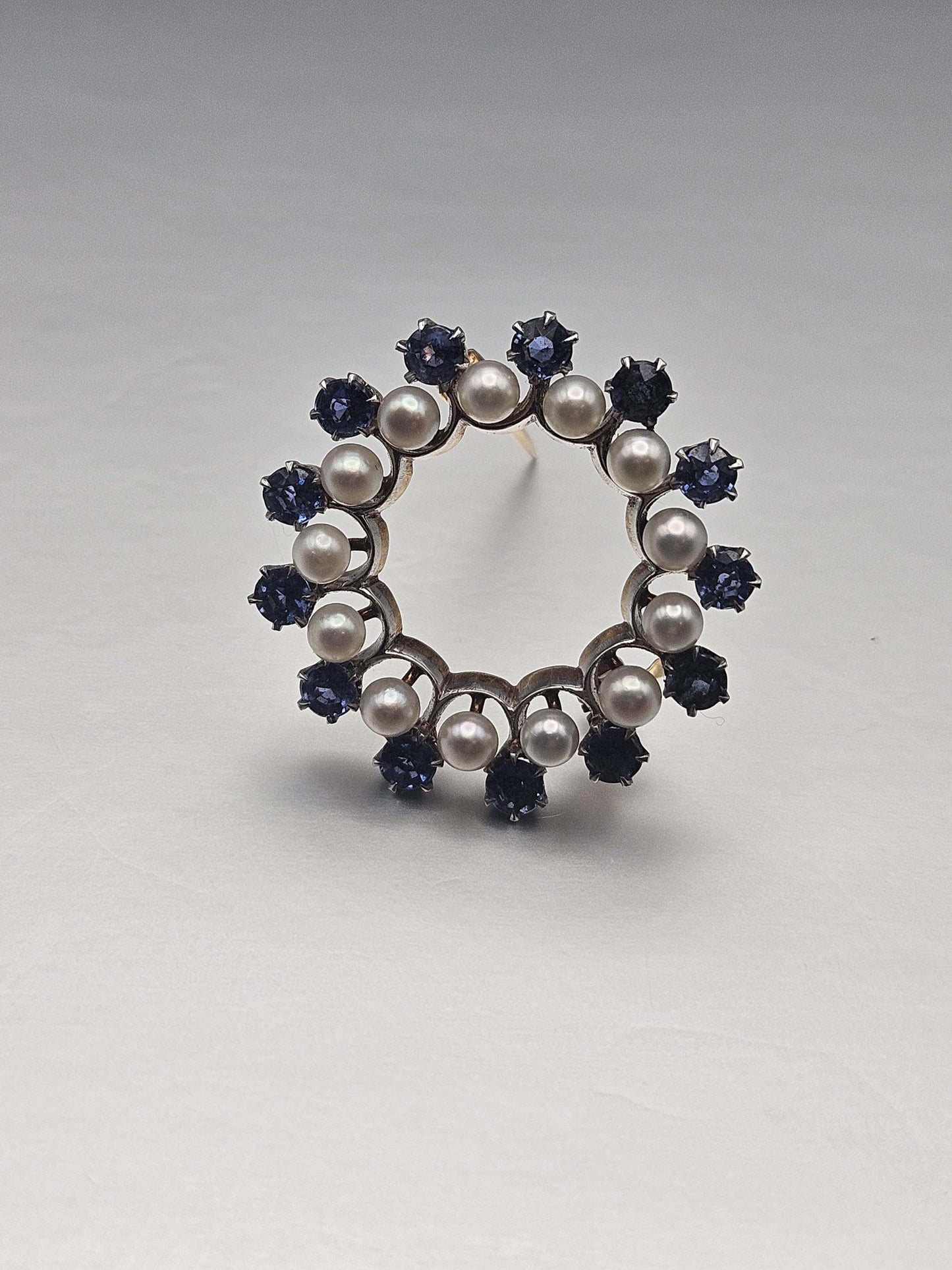 14k Gold Pin Brooch Vintage Sapphire Pearl Round Pin, Yellow Gold and White Platinum Brooch, Charm Brooch Vtg, Gift for her