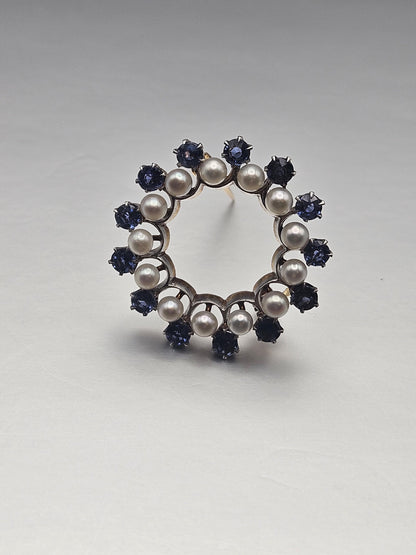 14k Gold Pin Brooch Vintage Sapphire Pearl Round Pin, Yellow Gold and White Platinum Brooch, Charm Brooch Vtg, Gift for her