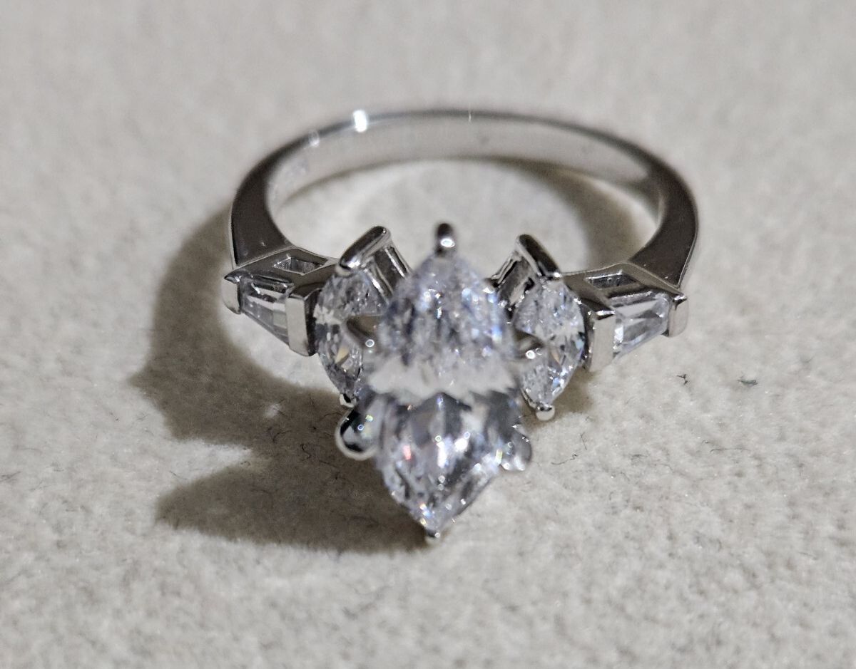 10k Solid Gold Faux Crystal Ring - Marquise Cut Sparkling Engagement Size 7